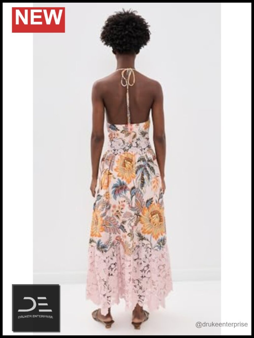 Linen Maxi Dress with Lace Details Halter Beaded Straps - Picture 2 of 5